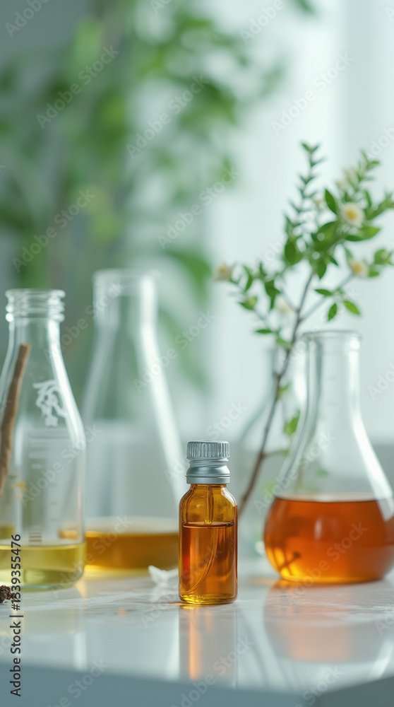 Scientific Laboratory Setting Where an Essential Oil Bottle is Placed Next to Glass Beakers and Test Tubes Scientific Laboratory Setting Where an Essential Oil Bottle is Placed Next to Glass Beakers and Test Tubes
