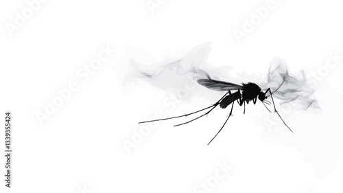 A high-contrast black and white close-up image depicts a mosquito in flight against a white background. The mosquito is sharply focused, while its wings and surrounding area show a slight motion