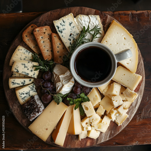 A beautifully arranged cheese platter with assorted cheeses, crackers, and grapes, accompanied by coffee