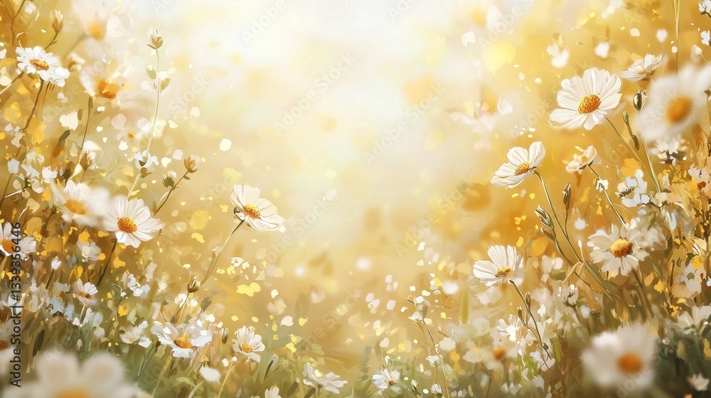 Sunny fields filled with blooming daisies create a picturesque atmosphere. The flowers sway gently in the breeze, surrounded by a glowing golden light Sunny fields filled with blooming daisies create a picturesque atmosphere. The flowers sway gently in the breeze, surrounded by a glowing golden light