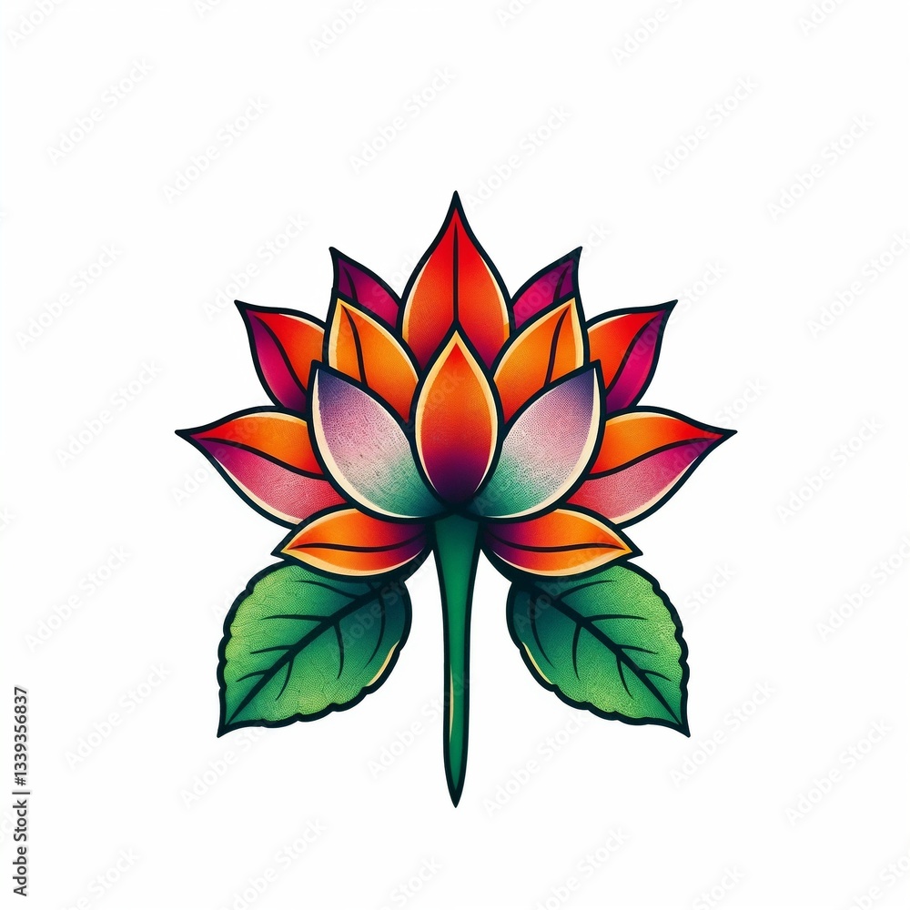 Vibrant Gradient Lotus Flower Illustration in Folk Art Style with White Background with Copy Space Vibrant Gradient Lotus Flower Illustration in Folk Art Style with White Background with Copy Space