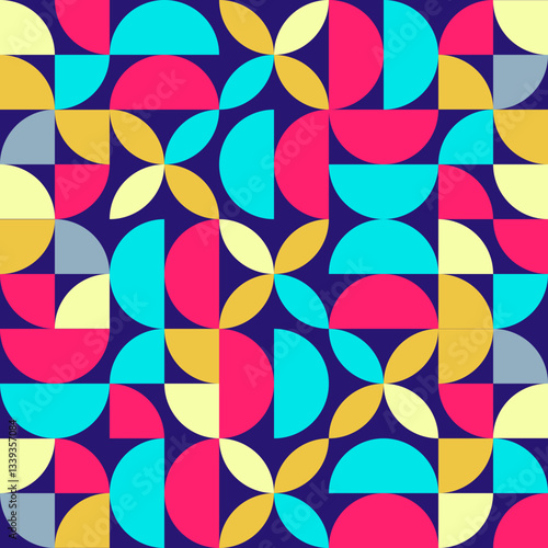 Geometric retro style pattern with vivid colors shapes on solid dark background