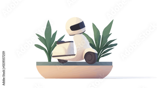 A 3D rendering of a simplistic white scooter with a helmeted rider. The scooter is situated on a small, stylized ground plane with stylized green plants on either side.  The rendering is low-poly