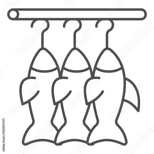 Fish drying on hooksi thin line icon, fishery product concept. Vector graphics. Wire with fish sign on white background, outline style icon for mobile or web design.