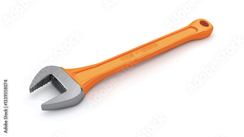 A close-up studio shot of an adjustable wrench against a white background. The wrench has an orange plastic handle and a silver metal jaw. The image is well-lit, showing detail in the tool's