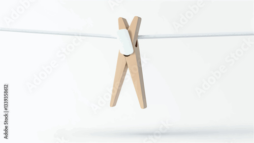 Close-up shot of a single light beige wooden clothespin hanging on a white clothesline against a plain white background. The image is sharply focused, exhibiting minimal depth of field. The
