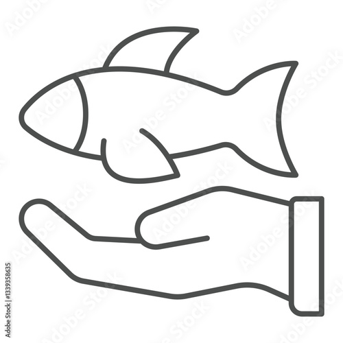 Fish on hand palm thin line icon, fishery product concept. Vector graphics. Fresh fish with hand sign on white background, outline style icon for mobile or web design.