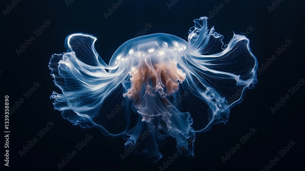 Fototapeta premium A surreal underwater shot of a jellyfish pulsating gracefully in a dark, mysterious ocean.