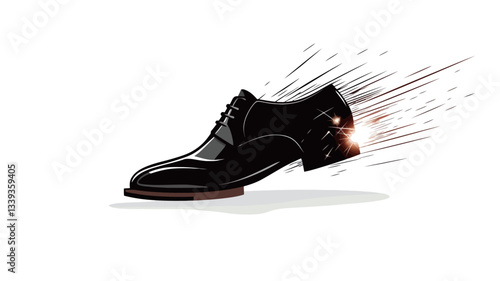 A digital illustration depicting a black leather oxford shoe in motion. The shoe is rendered with high detail, showcasing its polished surface and brogue detailing.  The background is white, with