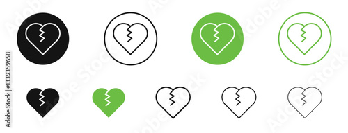 Heart Crack icons in black and green colors. vector pack