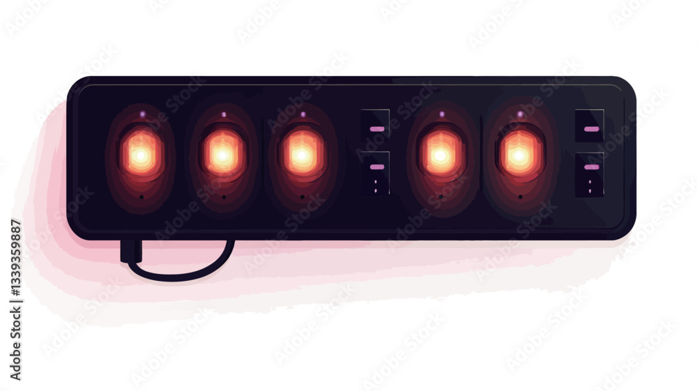 Close-up studio shot of a black power strip with multiple outlets. Each outlet is illuminated with a soft red glow. A black cable is partially visible, connected to one end of the power strip. The Close-up studio shot of a black power strip with multiple outlets. Each outlet is illuminated with a soft red glow. A black cable is partially visible, connected to one end of the power strip. The