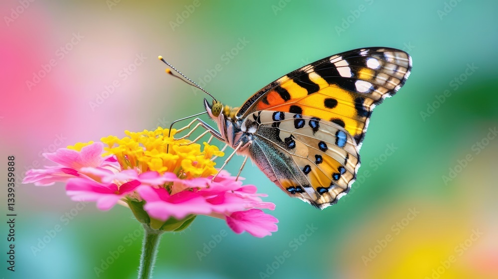 Obraz premium Closeup of a painted lady butterfly feeding on nectar, highlighting the role of butterflies in ecosystems