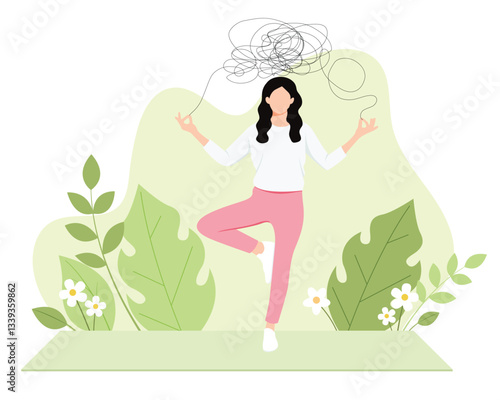 concentrated girl practicing yoga meditation, flat vector illustration