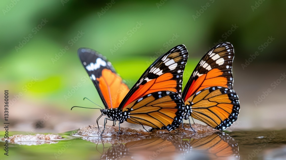 Fototapeta premium A group of butterflies gathering around a water puddle, demonstrating essential pollinator behavior