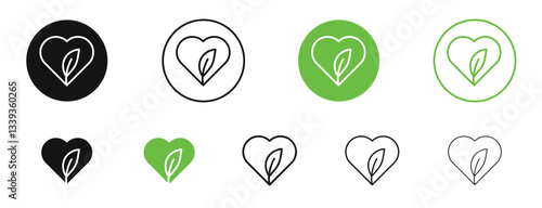 Leaf heart icons in black and green colors. vector pack