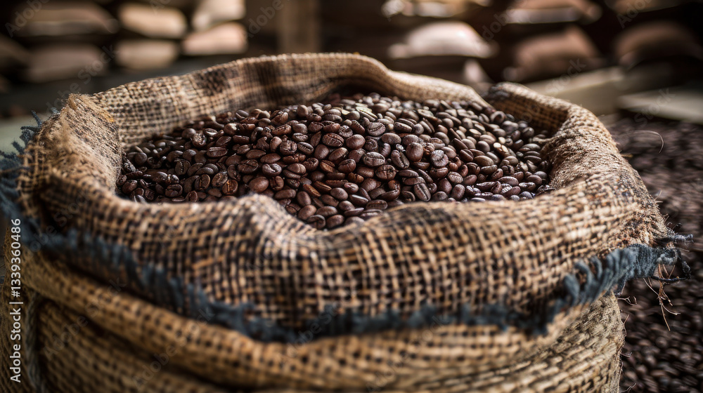 Obraz premium Freshly roasted coffee beans in burlap sack, showcasing rich texture and aroma. Perfect for coffee lovers and enthusiasts