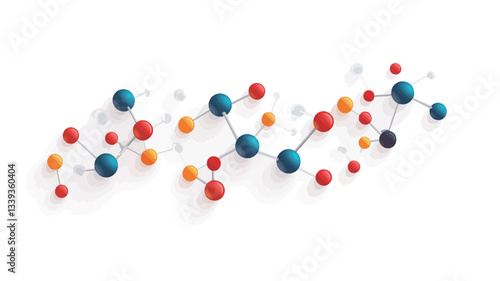 The image is a digital illustration depicting an abstract molecular structure. It features interconnected spheres in varying shades of red, orange, blue, and a few smaller white spheres. The