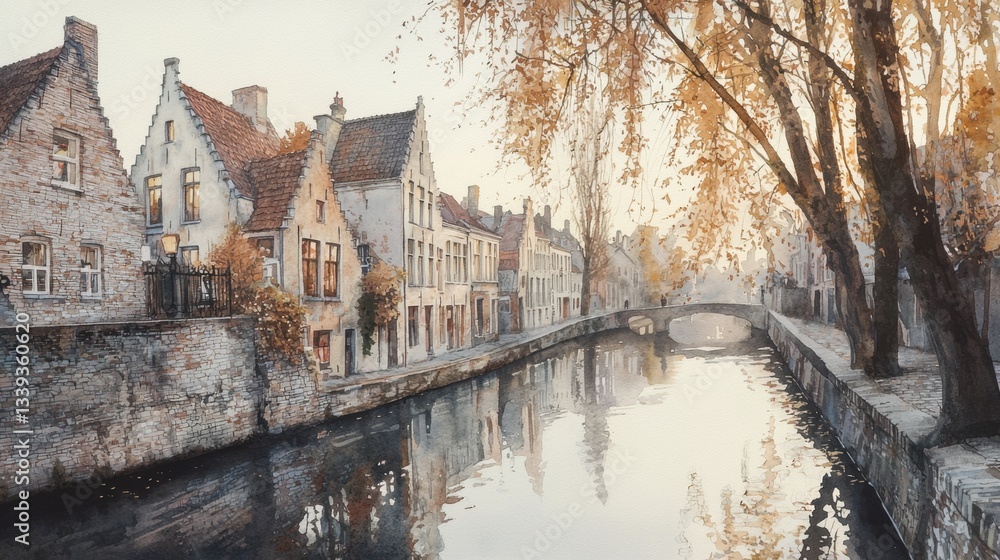 Obraz premium A picturesque canal reflects the golden hues of autumn. Quaint buildings line the waterway, creating a serene atmosphere during a calm morning in the historic city