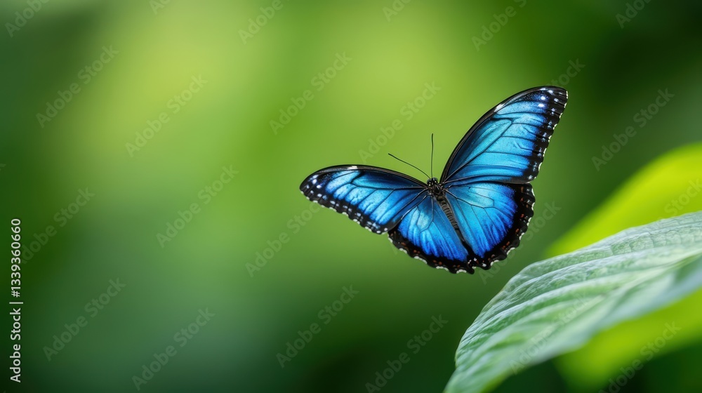 Obraz premium Rare blue butterfly fluttering in a tropical rainforest, underscoring the need for conservation efforts