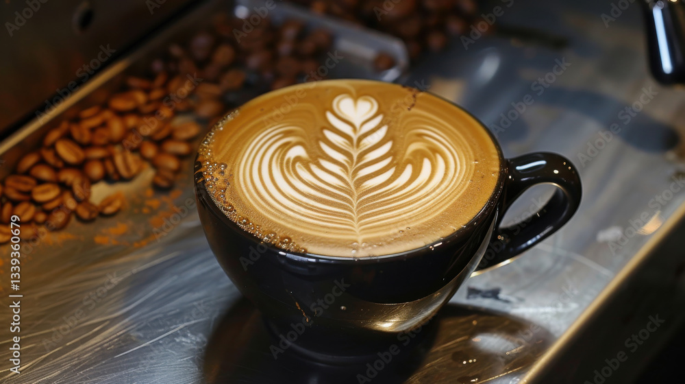 beautifully crafted latte with intricate foam art in black cup, surrounded by coffee beans, evokes warmth and comfort beautifully crafted latte with intricate foam art in black cup, surrounded by coffee beans, evokes warmth and comfort
