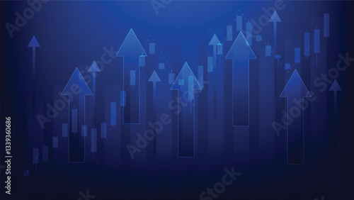 business finance and economy growth. arrow up with candlestick with bar chart on blue background