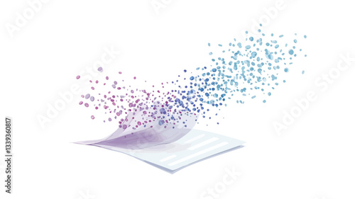 An image depicting a piece of sheet music on a white background.  Musical notes in shades of blue, purple, and pink emanate from the sheet music, creating a dynamic and flowing effect. The notes