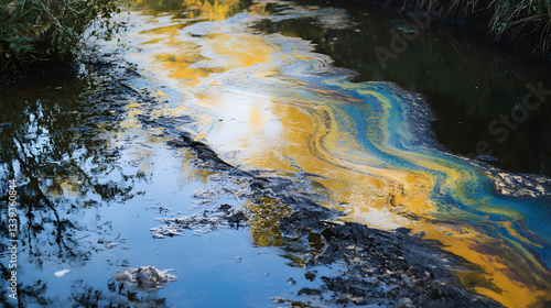 Colorful oil slick reflecting sunlight on a tranquil stream surrounded by lush greenery