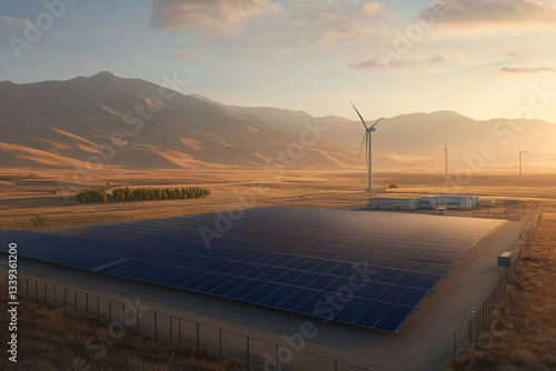Renewable energy landscape featuring a solar farm with blue photovoltaic panels and a wind turbine in the distance, set against rolling hills under a clear sky, promoting sustainability and clean ener