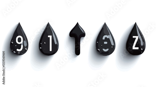 The image displays five stylized black oil droplets arranged horizontally against a white background. Each droplet features a number (9, 1, 3, z) or an upward-pointing arrow in its center. The