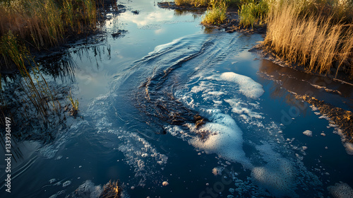 Serene waterway with flowing currents, surrounded by lush grass and reeds under a clear sky