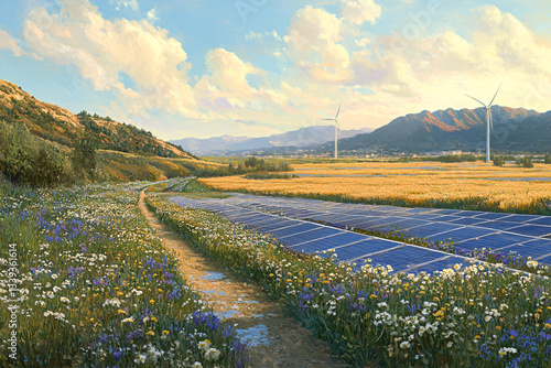 Renewable energy landscape featuring a solar farm with blue photovoltaic panels and a wind turbine in the distance, set against rolling hills under a clear sky, promoting sustainability and clean ener