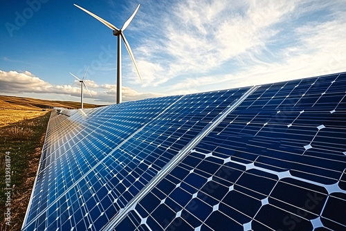 Renewable energy landscape featuring a solar farm with blue photovoltaic panels and a wind turbine in the distance, set against rolling hills under a clear sky, promoting sustainability and clean ener
