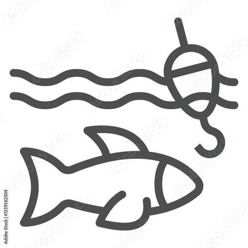Fish underwater with fishhook and float bobber line icon, fishing concept. Vector graphics. Fisher man sign on white background, outline style icon for mobile or web design.