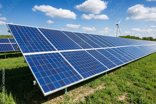 Renewable energy landscape featuring a solar farm with blue photovoltaic panels and a wind turbine in the distance, set against rolling hills under a clear sky, promoting sustainability and clean ener