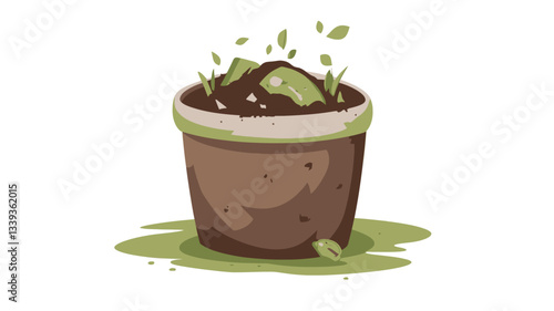A cartoon illustration depicts a brown flower pot containing dark brown soil.  Small green sprouts are emerging from the soil, with additional leaves depicted in mid-air suggesting recent growth.