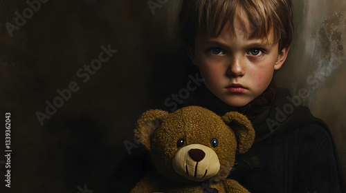 A solemn child holding a teddy bear in a dimly lit room, evoking a sense of nostalgia and warmth