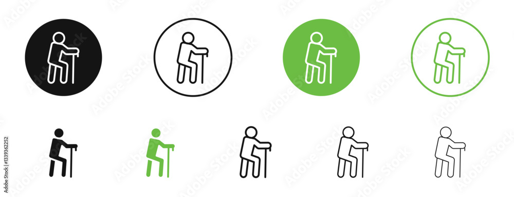 Person walking with cane icons in black and green colors. vector pack Person walking with cane icons in black and green colors. vector pack