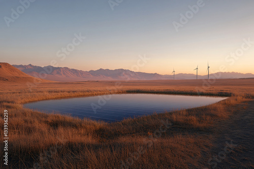 Renewable energy landscape featuring a solar farm with blue photovoltaic panels and a wind turbine in the distance, set against rolling hills under a clear sky, promoting sustainability and clean ener