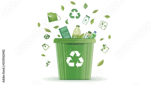A digital illustration depicting a green cylindrical recycling bin.  The bin features a prominent recycling symbol.  Various recyclable items such as bottles, packaging, and bags are shown floating