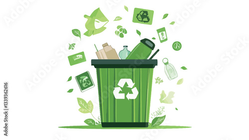 A digital illustration depicting a green recycling bin overflowing with various recyclable materials. The bin is prominently displayed in the center, marked with a universally recognized recycling