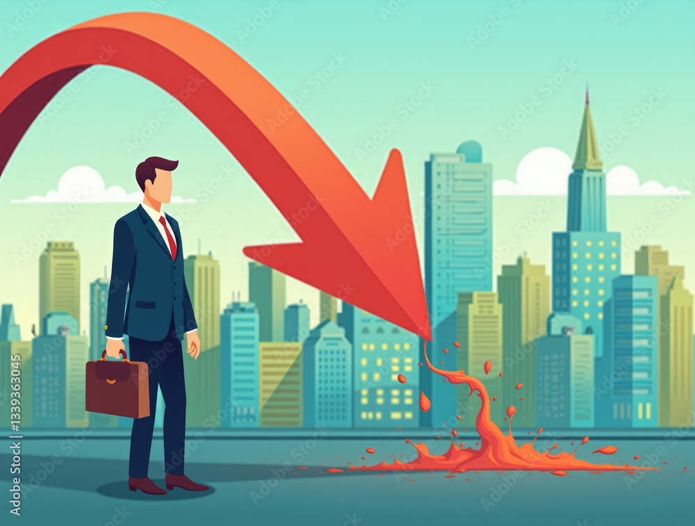 Businessman Observing a Giant Downward-Trending Arrow Businessman Observing a Giant Downward-Trending Arrow