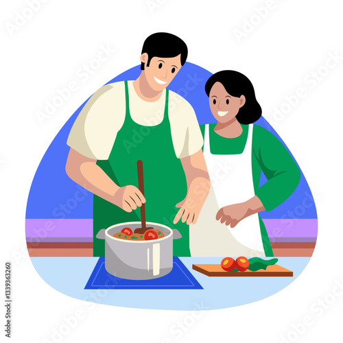 Cute couple cooking in kitchen flat style illustration