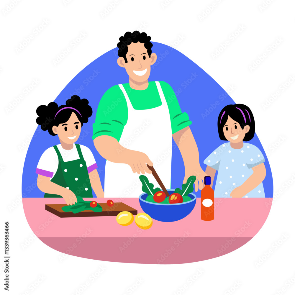 A flat style illustration of a family cooking in the kitchen A flat style illustration of a family cooking in the kitchen