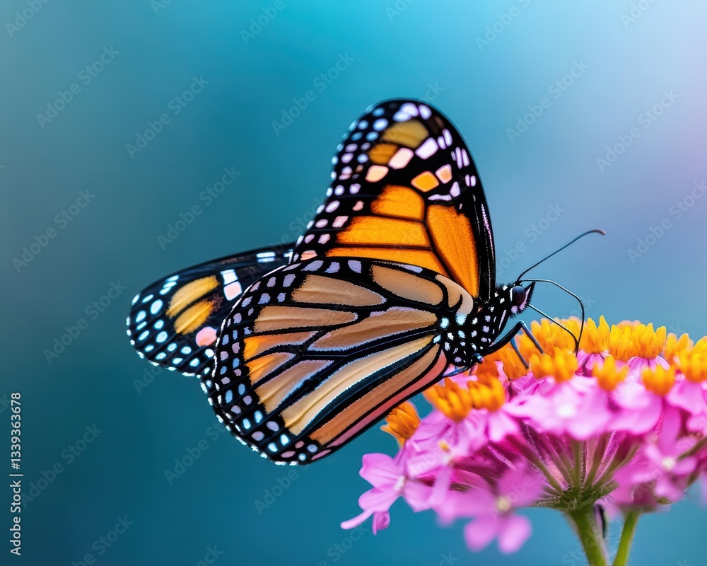 Fototapeta premium Vibrant monarch butterfly resting on a wildflower, symbolizing pollinator conservation and biodiversity