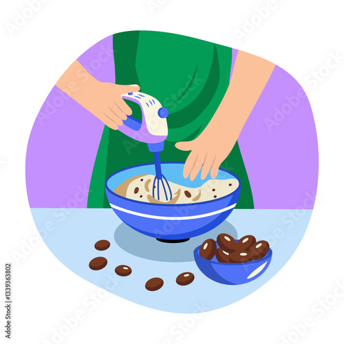 Flat illustration of mixing batter with an electric beater in a mixing bowl