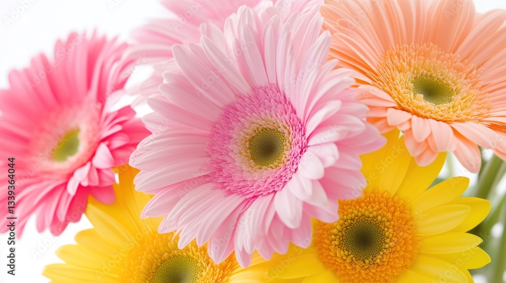 Vibrant Gerbera Daisies: A Bouquet of Pastel Pink, Peach, and Yellow Blossoms Vibrant Gerbera Daisies: A Bouquet of Pastel Pink, Peach, and Yellow Blossoms