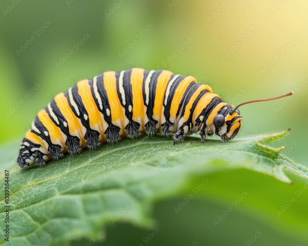 Monarch butterfly caterpillar munching on milkweed leaves, demonstrating essential larval stages Monarch butterfly caterpillar munching on milkweed leaves, demonstrating essential larval stages