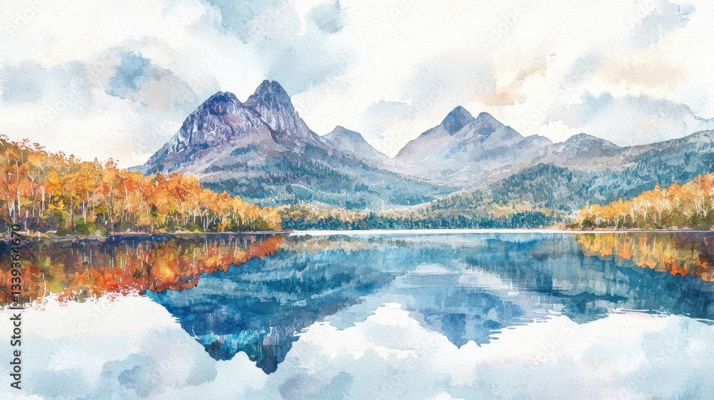 Fototapeta premium Colorful autumn foliage surrounds a tranquil lake, where majestic mountains rise in the background, perfectly mirroring their silhouette on the water's surface