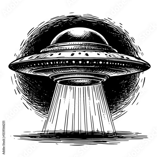 ufo with light beam in detailed vintage spaceship illustration