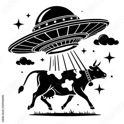 cow being abducted by ufo in whimsical black silhouette illustration